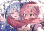 2girls blue_eyes blue_hair commentary english_commentary green_eyes hair_ornament hololive hoshimachi_suisei looking_to_the_side multiple_girls open_mouth pink_hair red_scarf redcomet sakura_miko scarf shared_clothes shared_scarf smile star_(symbol) star_in_eye symbol_in_eye teeth upper_teeth_only virtual_youtuber 