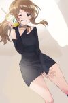  1girl assault_lily bangs bare_shoulders black_dress blush breasts brown_background brown_hair collarbone cup cup_to_cheek disposable_cup dress drinking_straw dutch_angle feet_out_of_frame fingernails frappuccino grey_hair grin hand_on_own_thigh hand_up holding holding_cup iijima_renka long_hair long_sleeves looking_at_viewer low_ponytail medium_breasts one_eye_closed ribbed_sweater side_ponytail single-shoulder_sweater single_strap smile solo standing sweater sweater_dress swept_bangs two-tone_background v-shaped_eyebrows white_background youmtk1714 