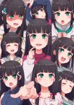  &gt;:) +_+ 6+girls :d :o ^_^ aqua_neckerchief bangs birthday black_hair blue_hair blunt_bangs blush bow buttons clenched_hand clenched_hands closed_eyes cream_(nipakupa) crescent crossed_arms double-breasted dual_persona expressions finger_gun frown gesture green_bow green_eyes green_neckerchief grey_sailor_collar hair_ornament hair_up hairclip hairpin halftone halftone_background hand_in_own_hair happy_birthday highres hime_cut holding index_finger_raised kemonomimi_mode kurosawa_dia long_hair long_sleeves looking_at_viewer looking_back love_live! love_live!_sunshine!! midriff_peek mole mole_under_mouth multiple_girls multiple_persona neckerchief no_mole o_o official_style open_mouth otonokizaka_school_uniform outstretched_hand overalls pointing pointing_at_viewer reaching_towards_viewer red_shirt sailor_collar school_uniform shirt sidelocks smile sweatdrop tie_clip twintails two_side_up upper_body uranohoshi_school_uniform v-shaped_eyebrows 
