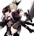  1boy 1girl armor bangs black_footwear black_hair black_kimono black_thighhighs blonde_hair blue_eyes boots buster_sword closed_mouth cloud_strife commentary_request final_fantasy final_fantasy_vii final_fantasy_vii_remake flower gloves hair_flower hair_ornament hand_on_another&#039;s_back holding holding_sword holding_weapon huge_weapon japanese_clothes kimono long_hair lowres mono0805 official_alternate_costume open_mouth red_eyes red_flower ribbed_sweater shoulder_armor simple_background single_bare_shoulder sleeveless sleeveless_turtleneck spiked_hair sweater swept_bangs sword thighhighs thighs tifa_lockhart tifa_lockhart&#039;s_exotic_dress turtleneck turtleneck_sweater weapon white_background 