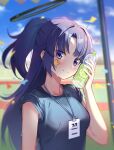  1girl absurdres armpit_peek bangs blue_archive blue_eyes blue_hair blurry blurry_background blush breasts depth_of_field drink gym_uniform halo high_ponytail highres holding holding_drink long_hair looking_at_viewer mechanical_halo name_tag official_alternate_costume parted_bangs qumai79 sidelocks small_breasts smile solo sportswear star_sticker sticker_on_face sweat upper_body yuuka_(blue_archive) yuuka_(gym_uniform)_(blue_archive) 