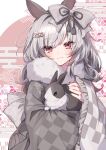  1girl 2023 :3 absurdres animal animal_ears asa_no_ha_(pattern) back_bow bangs black_nails blush bow checkered_background checkered_clothes checkered_kimono chinese_zodiac closed_mouth commentary_request egasumi eyelashes fingernails frilled_sleeves frills fur-trimmed_kimono fur_trim grey_bow grey_hair grey_kimono hair_between_eyes hair_bow hair_ornament hand_up highres holding holding_animal japanese_clothes kimono long_hair long_sleeves looking_at_viewer mochizuki_mochi multicolored_background nail_polish new_year number_hair_ornament original print_kimono rabbit rabbit_ears red_eyes seigaiha sidelocks simple_background sleeves_past_wrists smile solo swept_bangs tassel wide_sleeves year_of_the_rabbit 