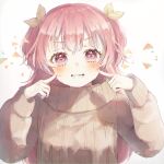  1girl baggy_clothes bangs blush finger_to_cheek grey_sweater hair_ornament highres index_finger_raised long_hair long_sleeves looking_at_viewer momoi_airi open_mouth oversized_clothes pink_eyes pink_hair project_sekai shiro_noo simple_background smile solo sweater teeth triangle turtleneck turtleneck_sweater two_side_up upper_body white_background 