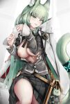  1girl :p absurdres animal_ear_fluff animal_ears arknights bangs black_skirt breasts breasts_out cape cardigan cat_ears cat_tail commentary_request cowboy_shot green_eyes green_hair grey_cardigan harmonie_(arknights) highres infection_monitor_(arknights) large_breasts long_hair long_sleeves looking_at_viewer miniskirt nipples no_bra nopetroto open_cardigan open_clothes pleated_skirt skirt solo tail thighs tongue tongue_out very_long_hair white_cape 