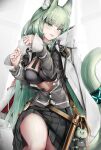  1girl :p absurdres animal_ear_fluff animal_ears arknights bangs black_bra black_skirt bra breasts cape cardigan cat_ears cat_tail commentary_request cowboy_shot green_eyes green_hair grey_cardigan harmonie_(arknights) highres infection_monitor_(arknights) large_breasts long_hair long_sleeves looking_at_viewer miniskirt nopetroto pleated_skirt skirt solo tail thighs tongue tongue_out underwear very_long_hair white_cape 