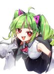  1girl :d absurdres adarin ahoge animal_ears bangs bare_shoulders black_skirt breasts bright_pupils collared_shirt delutaya drill_hair earrings fake_animal_ears fang green_hair hair_ornament hairclip highres indie_virtual_youtuber jacket jewelry looking_at_viewer multicolored_hair neckerchief open_mouth red_eyes red_hair shirt simple_background skirt smile solo star_(symbol) star_earrings streaked_hair teeth twin_drills upper_teeth_only virtual_youtuber white_background white_pupils white_shirt 