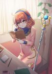  1girl book chair commission curtains dress fire_emblem fire_emblem_echoes:_shadows_of_valentia genny_(fire_emblem) hair_tucking highres holding holding_book kisara_keyy long_sleeves orange_eyes orange_hair pink_dress reading short_hair sitting skeb_commission solo staff table 