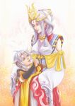 absurdres age_difference closed_eyes freyjadour_falenas gensou_suikoden gensou_suikoden_v goodsign hair_ornament highres holding long_hair long_sleeves mature_female mother_and_son prince queen smile white_hair 