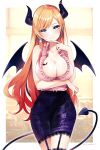  1girl bat_tattoo blonde_hair blue_eyes breast_tattoo breasts cleavage demon_girl demon_horns demon_tail demon_wings garter_straps hololive horns large_breasts looking_at_viewer n_gyou skirt sleeveless solo tail tattoo thighhighs virtual_youtuber winged_heart wings yuzuki_choco 