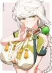  1girl absurdres artist_name asymmetrical_hair border braid breasts highres kantai_collection large_breasts long_hair namaata open_mouth short_sleeves signature single_braid solo unryuu_(kancolle) upper_body very_long_hair white_border white_hair yellow_eyes 