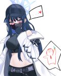  1girl bangs bare_shoulders baseball_cap belt blue_archive blue_eyes blue_hair blue_headwear breasts coat commentary_request crop_top dudeog halo hat korean_commentary large_breasts long_hair looking_at_viewer mask midriff mouth_mask navel open_clothes open_coat saori_(blue_archive) simple_background solo_focus stomach very_long_hair white_background white_coat 