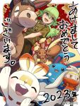  1boy 2023 :d aged_down aqua_eyes azumarill bangs brown_pants brown_shirt buneary chinese_zodiac commentary_request cowlick green_hair hair_between_eyes highres jewelry long_hair lopunny male_focus mudbray n_(pokemon) nagiru necklace nengajou new_year open_mouth pants pokemon pokemon_(creature) pokemon_(game) pokemon_bw raboot scorbunny shirt short_sleeves smile t-shirt tongue translation_request year_of_the_rabbit 