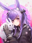  1girl 3_(sanyako1) :3 absurdres animal animal_ear_fluff animal_ears arknights bangs black_bow black_choker black_gloves blush bow brown_eyes cherry_blossoms choker commentary_request gloves hair_bow hair_intakes highres holding holding_animal long_hair long_sleeves looking_at_viewer partial_commentary purple_hair rabbit rabbit_ears rope_(arknights) smile solo upper_body 