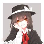  1girl black_capelet black_headwear bow brown_eyes capelet eyes_visible_through_hair grey_background grin hair_between_eyes hand_on_own_face hat hat_bow highres long_hair long_sleeves looking_at_viewer miyuna smile solo teeth touhou upper_body usami_renko white_bow 