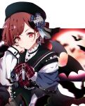  1girl bangs bat_(animal) bat_wings beret black_headwear blurry blurry_background brown_hair collar commentary_request frilled_collar frills full_moon hair_ornament hairclip hat highres higuchi_madoka idolmaster idolmaster_shiny_colors long_sleeves mole mole_under_eye moon red_eyes reikakrzk sailor_collar short_hair solo swept_bangs wings 