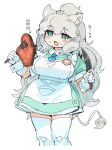  1girl alternate_costume animal_ears apron bangs cropped_jacket dress drooling food fork gloves green_dress green_eyes grey_hair highres holding holding_fork holding_knife kemono_friends knife lion_ears lion_girl lion_tail long_hair looking_at_food looking_at_object meat medium_dress mouth_drool necktie open_mouth plump short_sleeves simple_background solo spawnfoxy standing tail thighhighs very_long_hair white_apron white_background white_gloves white_lion_(kemono_friends) zettai_ryouiki 