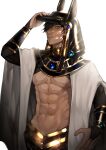  1boy abs absurdres bangs brown_hair cloak closed_mouth dark_skin fate/grand_order fate_(series) fingernails hair_between_eyes helmet highres long_sleeves male_focus navel ozymandias_(fate) pymal2 solo upper_body white_background white_cloak yellow_eyes 