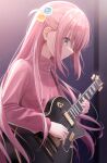  1girl absurdres bangs blue_eyes blush bocchi_the_rock! closed_mouth commentary_request cube_hair_ornament electric_guitar fujizarashi gibson_les_paul gotou_hitori guitar hair_between_eyes hair_ornament hair_over_eyes highres holding holding_instrument indoors instrument jacket long_hair music pink_hair pink_jacket pink_track_suit playing_instrument solo sweatdrop track_jacket 