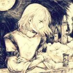  crossed_arms full_moon gensou_suikoden gensou_suikoden_i gensou_suikoden_ii greyscale hourglass luc_(suikoden) medium_hair monochrome moon outdoors solo thinking uraurara yellow_theme 