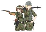  2girls absurdres aiming ammunition_pouch arm_at_side battle_rifle belt belt_buckle bird black_belt blonde_hair breasts brown_eyes brown_hair buckle camouflage camouflage_headwear camouflage_jacket camouflage_pants chin_strap closed_mouth collared_shirt combat_helmet commission cropped_legs eagle english_commentary english_text entrenching_tool fallschirmjager feldgrau fg42 gas_mask_canister german_commentary green_jacket green_pants grey_eyes grey_headwear grey_shirt gun hand_on_hip handgun hat hat_ornament highres holding holding_gun holding_weapon holster jacket large_breasts load_bearing_equipment looking_at_viewer luftwaffe luger_p08 m43_field_cap military military_hat military_jacket military_uniform mixed-language_commentary mrxinom multiple_girls open_collar original over_shoulder pants paratrooper pocket pouch reichsadler rifle shirt short_hair shoulder_stock simple_background smile soldier suspenders swastika uniform weapon weapon_behind_back weapon_over_shoulder white_background world_war_ii 