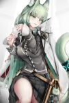  1girl :p absurdres animal_ear_fluff animal_ears arknights bangs black_skirt breasts cape cardigan cat_ears cat_tail commentary_request cowboy_shot green_eyes green_hair grey_cardigan harmonie_(arknights) highres infection_monitor_(arknights) large_breasts long_hair long_sleeves looking_at_viewer miniskirt nopetroto pleated_skirt skirt solo tail thighs tongue tongue_out very_long_hair white_cape 