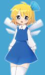  1girl black_eyes blonde_hair blue_background blue_skirt blush commentary_request daiyousei fairy fairy_wings highres long_sleeves looking_at_viewer mijinko_(zrmt) open_mouth short_hair skirt solo touhou wings 