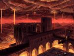  absurdly_wide_shot algoinde arch architecture arrow_(projectile) blaze_(minecraft) bow_(weapon) building creature destroyed english_commentary fortress hallway haze highres hill horizon minecraft molten_rock monster no_humans outdoors red_sky sky the_nether tower weapon web_address window 