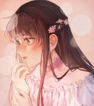  1girl absurdres artist_name bangs bare_shoulders blush brown_eyes brown_hair choker flower frilled_choker frilled_shirt frills fruits_basket hair_flower hair_ornament half_updo hand_to_own_mouth highres holding_own_wrist honda_tohru long_hair looking_to_the_side off-shoulder_shirt off_shoulder oretsuu parted_lips pink_flower shirt sidelocks solo upper_body white_shirt wide-eyed 