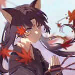  1girl absurdres animal_ear_fluff animal_ears arknights autumn_leaves bangs black_gloves black_hair black_kimono blurry closed_mouth day depth_of_field dog_ears facial_mark fingerless_gloves forehead_mark from_side gloves highres japanese_clothes kimono kiscript leaf long_hair looking_at_viewer looking_to_the_side maple_leaf outdoors parted_bangs saga_(arknights) solo upper_body very_long_hair yellow_eyes 