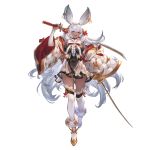  1girl animal_ears ass_visible_through_thighs bangs black_leotard bow breasts dark-skinned_female dark_skin detached_sleeves dual_wielding ear_piercing full_body game_cg granblue_fantasy hair_bow holding holding_sword holding_weapon katana large_breasts leotard long_hair long_sleeves looking_at_viewer makura_(granblue_fantasy) minaba_hideo official_art open_mouth piercing rabbit_ears red_bow solo sword thighhighs transparent_background weapon white_hair white_thighhighs wide_sleeves yellow_eyes 