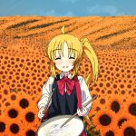  1girl ^_^ absurdres ahoge album_cover album_cover_redraw blonde_hair bocchi_the_rock! closed_eyes commentary_request cover day derivative_work drum drumsticks flower goumonsha grin highres ijichi_nijika instrument long_hair mr._children outdoors parody school_uniform side_ponytail smile solo sunflower 