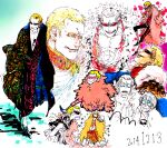  1girl 3boys aged_down baby_5 bellamy black_kimono blonde_hair blue_eyes cat chest_tattoo coat donquixote_doflamingo earrings feather_coat fur_trim high_collar japanese_clothes jewelry kimono leg_hair mawari28 multicolored_clothes multiple_boys one_piece open_clothes open_shirt partially_colored pink_coat short_hair sunglasses sweat tattoo trafalgar_law variations 