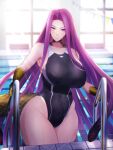  1girl bangs bare_shoulders black_one-piece_swimsuit breasts collarbone curvy fate/grand_order fate_(series) forehead gorgon_(fate) highleg highleg_swimsuit highres huge_breasts long_hair looking_at_viewer medusa_(fate) minami_koyogi one-piece_swimsuit parted_bangs pool poolside purple_eyes purple_hair sidelocks snake_hair solo swimsuit thighs very_long_hair 