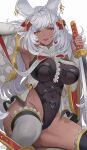  1girl :d animal_ears armpits bangs black_leotard black_nails bow breasts commentary_request covered_navel dark-skinned_female dark_skin detached_sleeves frilled_thighhighs frills granblue_fantasy grey_hair hair_bow hand_in_own_hair highleg highleg_leotard highres holding holding_sword holding_weapon katana large_breasts leotard long_hair looking_at_viewer makura_(granblue_fantasy) moemochilatte open_mouth rabbit_ears rabbit_girl red_bow sitting smile solo spread_legs sword thighhighs thighs wavy_hair weapon white_background white_sleeves white_thighhighs yellow_eyes 