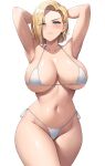 1girl absurdres android_18 aqua_eyes armpits arms_up bikini blonde_hair blush breasts collarbone cowboy_shot dragon_ball dragon_ball_z ear_piercing highres jasony large_breasts looking_at_viewer micro_bikini navel parted_lips piercing short_hair side-tie_bikini_bottom sideboob simple_background solo stomach swimsuit thighs underboob white_background white_bikini 