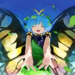  1girl antennae aqua_hair butterfly_wings dress eternity_larva facing_viewer fairy foreshortening green_dress hair_between_eyes kaigen_1025 leaf leaf_on_head multicolored_clothes multicolored_dress open_mouth short_hair short_sleeves smile solo touhou wings 