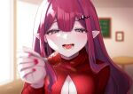  1girl bangs blush breasts cleavage cleavage_cutout clothing_cutout fairy_knight_tristan_(fate) fate/grand_order fate_(series) feeding food fork fruit grey_eyes highres ichi_kq large_breasts long_hair long_sleeves looking_at_viewer open_mouth pink_hair pointy_ears red_sweater sidelocks smile solo strawberry sweater 