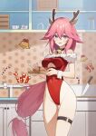  1girl absurdres alternate_costume animal_ears antlers bare_legs bare_shoulders bell breasts chinese_commentary commentary covered_navel food genshin_impact gk_guoke hair_between_eyes highres holding indoors jingle_bell kitchen leotard long_hair looking_at_viewer meat medium_breasts neck_bell open_mouth pink_hair purple_eyes red_leotard solo standing thigh_strap thighs very_long_hair yae_miko 
