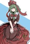  1girl bangs blue_background bow breasts closed_mouth cross-laced_clothes dress fe_(tetsu) frilled_ribbon frills front_ponytail green_eyes green_hair hair_bow hair_ribbon highres kagiyama_hina long_hair medium_breasts red_bow red_dress red_ribbon ribbon short_sleeves smile solo touhou two-tone_background white_background 