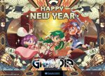  1boy 2girls blue_eyes dress earrings feena_(grandia) gloves goggles grandia grandia_i green_eyes green_hair hair_ornament hair_tubes happy_new_year hat jewelry justin_(grandia) layered_sleeves long_hair low-tied_long_hair midriff multiple_girls official_art open_mouth purple_hair red_hair smile sue_(grandia) sword thighhighs weapon 