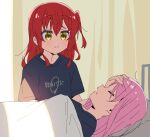  2girls bangs bed black_shirt bocchi_the_rock! closed_eyes closed_mouth clothes_writing curtains gotou_hitori hair_between_eyes hand_on_forehead highres kita_ikuyo long_hair lying meito_(maze) multiple_girls on_back one_side_up parted_lips pink_hair red_hair shirt short_sleeves sleeping smile under_covers yellow_eyes 