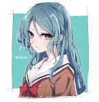  1girl absurdres aqua_hair bang_dream! bow green_eyes hair_between_eyes hanasakigawa_school_uniform hashtag highres hikawa_sayo long_hair looking_at_viewer nuruponnu parted_lips school_uniform simple_background sketch solo upper_body 