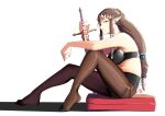  1girl automatic_giraffe bra brown_hair brown_pantyhose elf english_commentary feet legs long_hair looking_to_the_side no_shoes panties panties_under_pantyhose pantyhose pointy_ears ponytail princess_zelda sitting skirt sword the_legend_of_zelda the_legend_of_zelda:_twilight_princess underwear weapon 