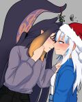  2girls bangs black_hair blue_eyes blue_hair blush casual commentary ear_blush english_commentary eye_contact face-to-face from_side gawr_gura gradient_hair grey_background hand_on_another&#039;s_shoulder hat highres hololive hololive_english imminent_kiss long_hair long_sleeves looking_at_another mistletoe mole mole_under_eye multicolored_hair multiple_girls ninomae_ina&#039;nis orange_hair pointy_ears rei_(_silvertone) santa_hat squiggle streaked_hair tentacle_hair tentacles upper_body virtual_youtuber white_hair yuri 