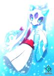  artist_name blue_eyes closed_mouth colored_sclera commentary_request froslass full_body gradient gradient_background gurifon hand_up highres looking_at_viewer no_humans pokemon pokemon_(creature) snowing solo watermark yellow_sclera 