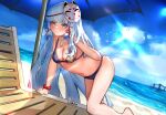  1girl absurdres alternate_costume barefoot beach beach_chair beach_umbrella bent_over bikini blue_bikini blue_eyes blue_hair blue_sky blush breasts cameltoe chinese_commentary cleavage closed_mouth cloud cloudy_sky day embarrassed flower_knot foot_out_of_frame fox_mask genshin_impact hair_ribbon hand_in_own_hair highres kamisato_ayaka legs lens_flare light_blue_hair long_hair looking_at_viewer mask mask_on_head medium_breasts mole mole_under_eye navel neck_tassel outdoors paid_reward_available ribbon scrunchie sidelocks signature sky solo stomach sun sunlight swimsuit thighs umbrella ushiko_xiansheng v-shaped_eyebrows very_long_hair wrist_scrunchie 