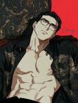  1boy abs bare_pectorals black_hair black_shirt blue_eyes chang_liu character_name dragon eastern_dragon glasses jaxx_s2 korean_commentary leaning_back looking_to_the_side male_focus muscular muscular_male open_clothes open_shirt pectorals red_background semi-rimless_eyewear shirt solo walk_on_water 