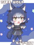  1girl animal_ear_fluff animal_ears blazer blue_hair dire_wolf_(kemono_friends) extra_ears gloves grey_eyes highres jacket kemono_friends kemono_friends_v_project long_hair looking_at_viewer mabuta_(mbt) microphone open_mouth ribbon scarf shoes simple_background skirt socks solo tail thighhighs twintails virtual_youtuber wolf_ears wolf_girl wolf_tail 