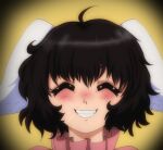  1990s_(style) 1girl ahoge animal_ears bangs black_hair blush closed_eyes commentary english_commentary floppy_ears grin inaba_tewi pink_shirt portrait rabbit_ears rabbit_girl retro_artstyle shirt short_hair smile solo sparkle step_arts touhou wavy_hair yellow_background 