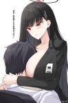  1boy 1girl artist_name bangs black_hair black_jacket blue_archive blush breasts collarbone halo highres jacket keenh large_breasts long_hair long_sleeves looking_at_another parted_lips red_eyes rio_(blue_archive) simple_background solo_focus translation_request white_background 